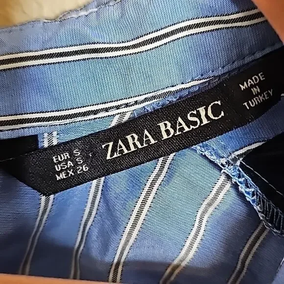 Zara Small Shirt Dress Button Front Blue Stripe Twist Front Long sleeve - Picture 8 of 11